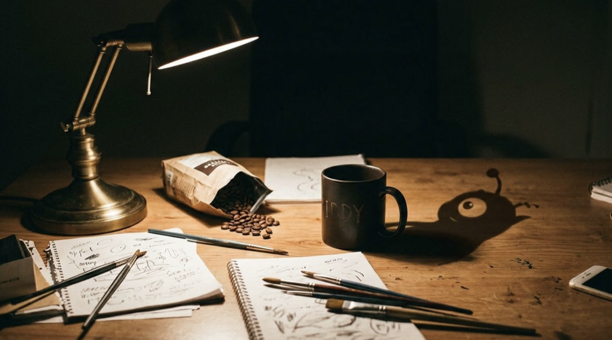 A close-up of a rustic creative space